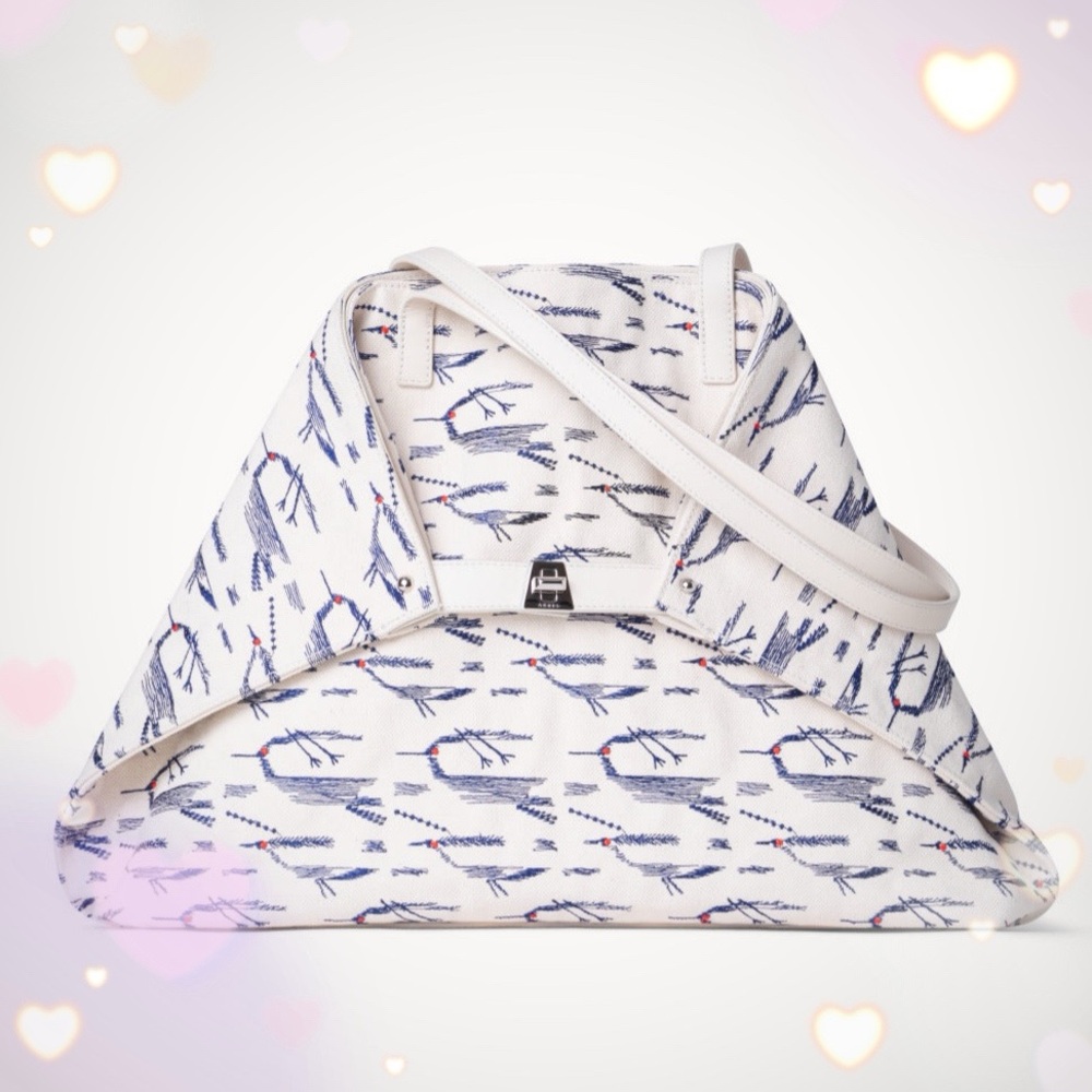 Akris AI Medium Bird Embroidered Cream Canvas Shoulder Bag